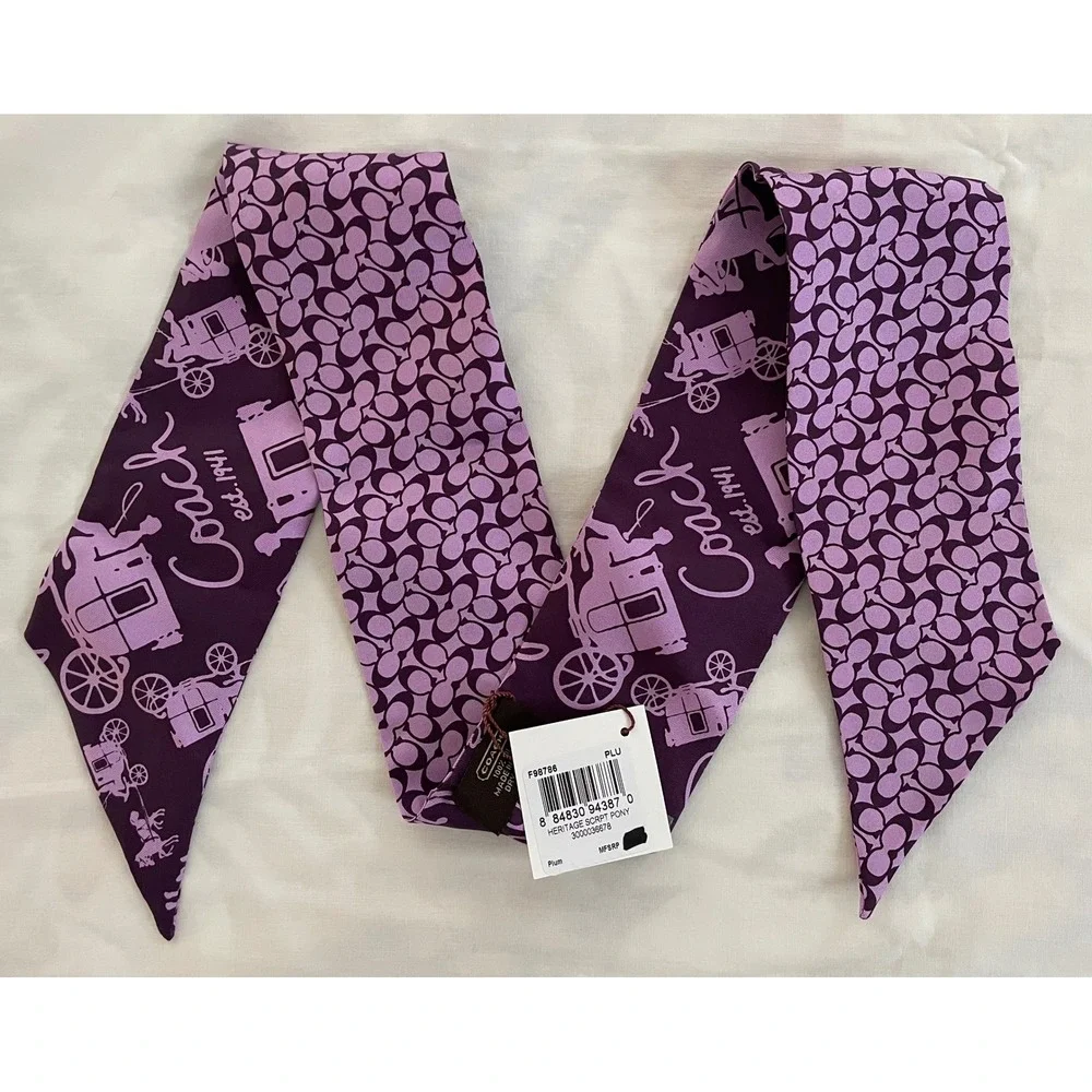 Coach Monogram C Horse Carriage Silk Skinny Scarf Purple Bag Accessory Y2K NEW - Picture 9 of 9